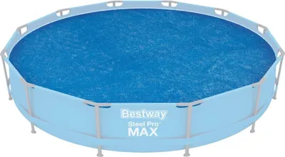 An above-ground swimming pool with a blue solar cover.