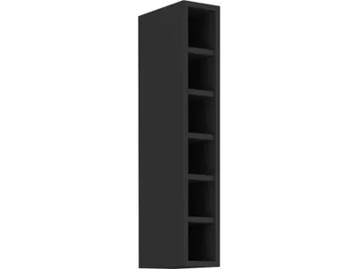 A black, tall, narrow cabinet with multiple shelves, shown against a white background.