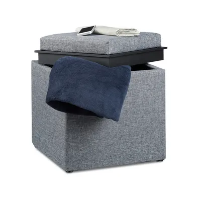 Produktbild von Relaxdays Sitzhocker mit Stauraum, HxBxT: 42 x 40,5 x 40,5 cm, Aufbewahrungsbox, Leinen Optik, Stoff, dunkelgrau