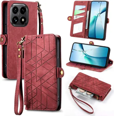 Obrázok produktu pre Pre Xiaomi 15T 5G Geometric Design Leatherette Zipper Book Wallet Case Red