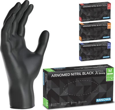 A black nitrile glove is shown next to several boxes of ARNOMED Nitril Black XTRA Strong gloves in different sizes.