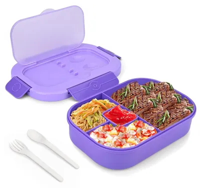 Produktbild von 1300 ml Lunchbox für Erwachsene und Kinder, auslaufsichere Bento-Lunchbox mit 3 Fächern, Lebensmittelbehälter mit Besteck, BPA-frei, wiederverwendbar, mikrowellengeeignet.