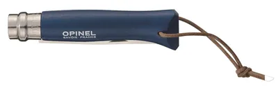 Image de Couteau Opinel n° 8, acier inoxydable Sandvik 12C27, manche en hêtre bleu, lanière en cuir, système Virobloc