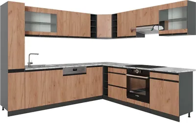 Image de Cuisine en angle Vicco R-Line Chêne de force doré/Anthracite 277 x 257 cm J-Shape, PT Marbre, Model 43177