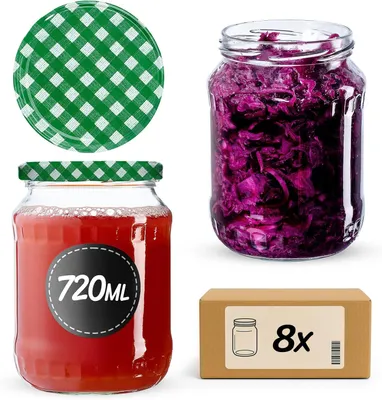 Produktbild von KADAX Einmachgläser mit Deckel "Jukka", Marmeladengläser, Einweckgläser, 720 ml, Grün kariert, 8 Stück