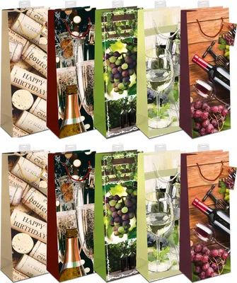 Produktbild von Geschenktaschen für Flaschen 10 Stück Flaschentüten edle Geschenktüten für Wein Sekt Champagner (12x39x10cm) Geschenkbeutel mit farbiger Kordel und Namenskarte (Motiv: Weinflaschen)