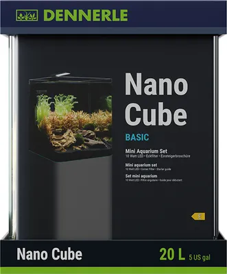 The image shows the packaging for a Dennerle Nano Cube Basic aquarium set.