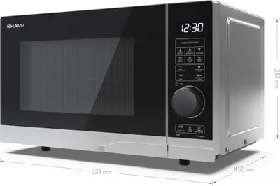 A silver and black Sharp microwave oven shown in a diagonal view, with dimension lines indicating its size.
