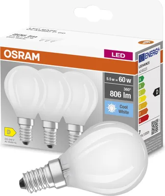 Obrázok produktu pre Žiarovka OSRAM Star pre päticu E14, matné sklo, studená biela (4000K), 806 lumenov, náhrada za bežné 60W žiarovky, nestmievateľná, 3 balenia