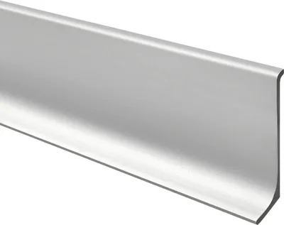 A close-up, studio shot of a silver aluminum skirting board against a white background.