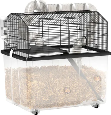 Produktbild von PawHut Hamsterkäfig, Hamsterkäfig mit Rampe, Futternapf, Wasserflasche und Röhrensystem, 58 x 43 x 57 cm, Schwarz