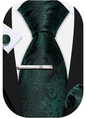 Produktbild von Herren Krawatten Set Seide Paisley Grün mit Einstecktuch Manschettenknöpfen Krawattenklammer