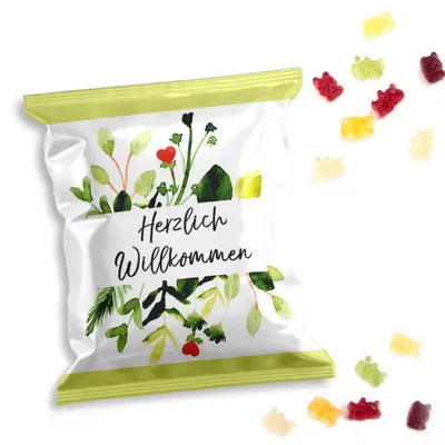 Produktbild von Logbuch-Verlag 10 kleine Fruchtgummi Tütchen HERZLICH WILLKOMMEN grün floral - Willkommensgeschenk Kundengeschenk Tischdeko Frühling10 Stück