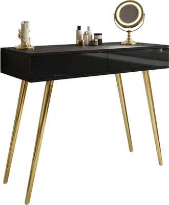 Produktbild von Konsolentisch SIENNA GOLD mit Schubladen auf goldenen Beinen, Gold Chrom / Schwarz Hochglanz, Push-to-Open System