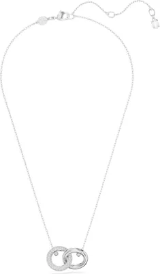 A silver necklace with two interlinked rings.