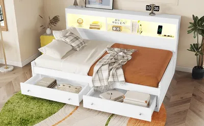 Zdjęcie produktu dla Sofa rozkładana LED ze stacją ładującą USB | łóżko dzienne z oświetleniem otoczenia i 2 szufladami | 90x200cm, biały