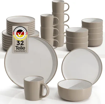 Produktbild von Steingut Geschirrset 8 Personen, Tafelservice 32teilig, Nordic Sand