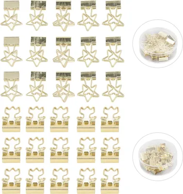 Produktbild von 30 Stück goldfarbene Binderklammern in Blumenform, fünfeckiges Herz, Galvanikverfahren, wiederverwendbares Papier mit 2 Aufbewahrungsboxen