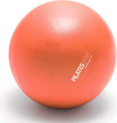 A close-up shot of an orange Pilates ball on a white background.