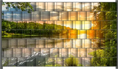 Produktbild von Wallario Zaunsichtschutz mit Motiv Sonnenuntergang am Fluss in grüner Umgebung für Ein- und Doppelstabmatten Zäune in der Größe 250 x 140 cm