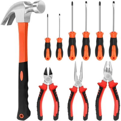 Produktbild von 10-teiliges Werkzeugset mit Zangen, Schraubendrehern und Hammer, Rot