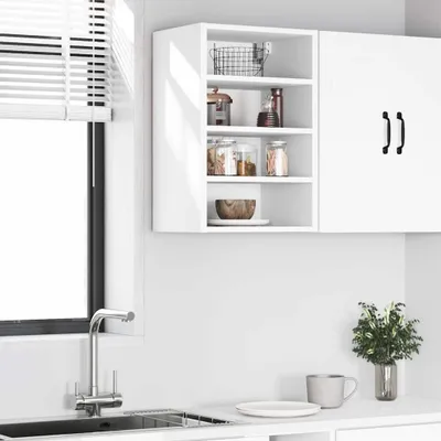 A white kitchen cabinet with shelves and a door, next to a window with blinds and a sink.