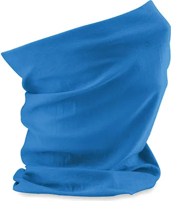 A blue tubular scarf is shown against a white background.