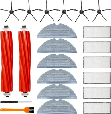 A collection of cleaning accessories for a robot vacuum cleaner, including brushes, filters, and mop pads, laid out on a white background.