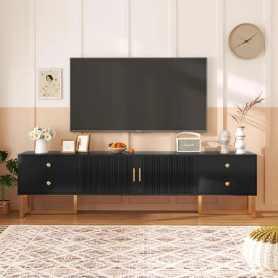 Zdjęcie produktu dla Fortuna Lai szafka niska pod telewizor 70-79 cali, niski panel z teksturowanymi drzwiczkami, szafka pod telewizor z płyty MDF, 2 szafki i 4 szuflady, nowoczesna szafka pod telewizor, 175 x 30 x 46 cm, czarna