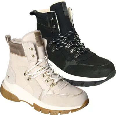Two pairs of women's winter boots are shown against a white background. One pair is beige and the other is black.