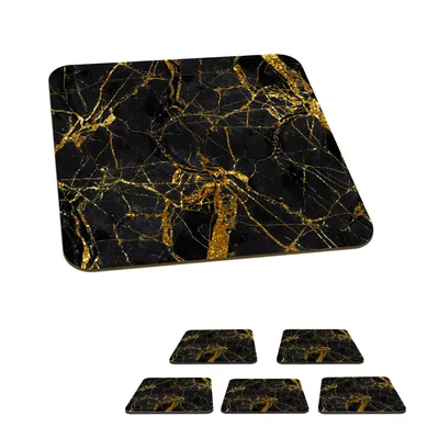 Obrázek produktu pro KitchenYeah® Skleněné podtácky Square Set of 6 Marble - Gold - Black - Pattern 10x10 cm Coasters for Glasses - Drink Coasters - Table Top Protectors - Table Coasters for Cups Table Bar Glasses