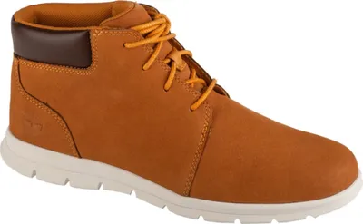 A single brown Timberland Chukka boot is shown against a white background.