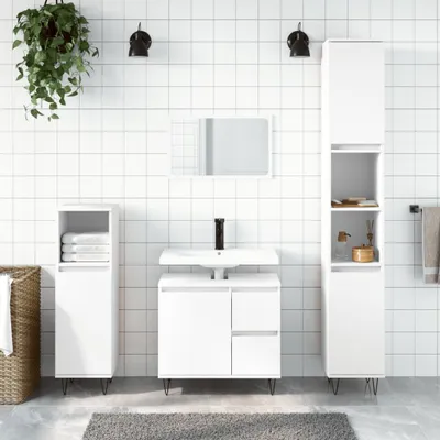 A modern white bathroom vanity set with a sink, mirror, and storage cabinets.