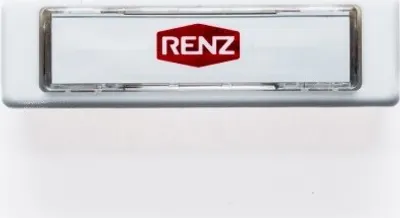 A close-up product shot of a white doorbell button with a red RENZ logo.
