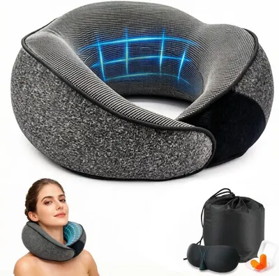 Imagen del producto de Almohada para el cuello ergonómica, con soporte de 360°, compacta, que incluye tapones para los oídos y antifaz, ideal para viajes