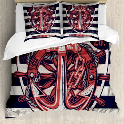 Produktbild von ABAKUHAUS Anker Bettbezugs Set Für Doppelbetten, Maritim Symbol Seemann Grunge, Milbensicher Allergiker geeignet mit Kissenbezügen, Nachtblau Korallenrot und Beige