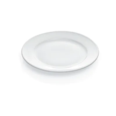 A single white plate on a white background.