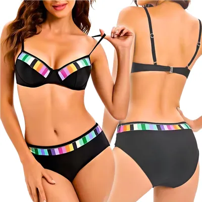 Immagine prodotto di Costume da bagno a due pezzi da donna, nero, con top imbottito. Costume da bagno a due pezzi da donna, nero, con top imbottito. Taglia S.