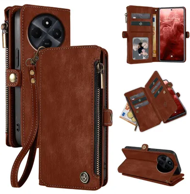A collage of images showcasing a brown leather wallet-style phone case with multiple views and compartments.