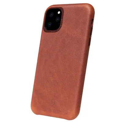A brown leather case for an iPhone 11 Pro is shown against a white background.