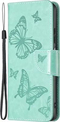 A mint green phone case with butterfly embossing is shown.