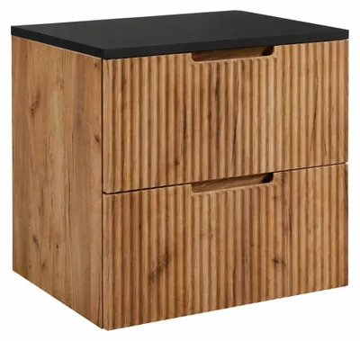 Productafbeelding van Badkamerkast, hangend, 60 cm breed, met lades, corpus in eikenhout "Craft" en deuren in zwart, met handgrepen, afmetingen: 60 x 46 x 58,6 cm, AI-gegenereerde afbeelding