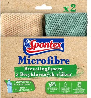 Produktbild von Spontex Microfibre Recyclingfasern, Mikrofasertücher mit 55% Recyclingfasern, hohe Saugfähigkeit, vielseitig einsetzbar, 30 x 30 cm, 2er Pack