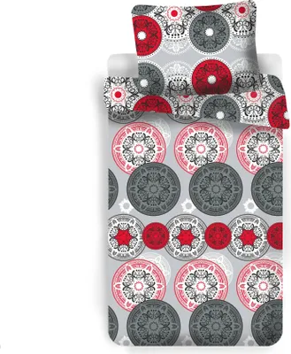 A bedding set with a circular pattern, displayed flat.