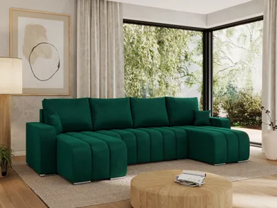 Produktbild von MKS MEBLE Sofa mit Schlaffunktion - Ecksofa mit Schlaffunktion und Bettkasten - Sofa 5 Sitzer - Schlafsofa - Couch - Schlafsofa mit Bettkasten - Kirasso U -Dunkelgrün Velvet