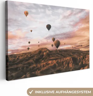 Produktbild von OneMillionCanvasses® - Leinwandbilder - 150x100 cm, Landschaft - Heißluftballon - Berge - Braun, Wandbilder Kunstdruck Wanddekoration - Foto auf Leinwand - Gemälde auf Holzrahmen