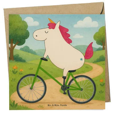 Produktbild von Mr. & Mrs. Panda Grußkarte Einhorn Radfahrer Design - Weiß - Geschenk, Unicorn, Radfahren, Einhörner, Klappkarte, Konfetti, doppelkarte, Glückwunschkarte, Bike, faltkarte