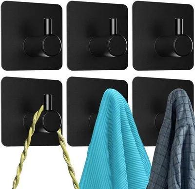Image de Unyqoos® : Lot de 6 crochets autocollants noirs en acier inoxydable – sans perçage, pour la cuisine et la salle de bain, idéaux pour suspendre des serviettes et des accessoires