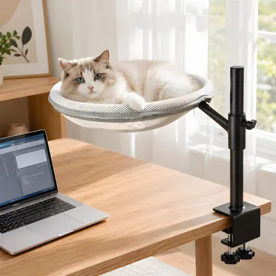 Immagine prodotto di Cuccia per gatti da scrivania - Amaca per gatti - Rotazione a 360° - Altezza regolabile - Adatta a gatti fino a 15 kg - Struttura in metallo - Con 2 rivestimenti lavabili - Colore: nero