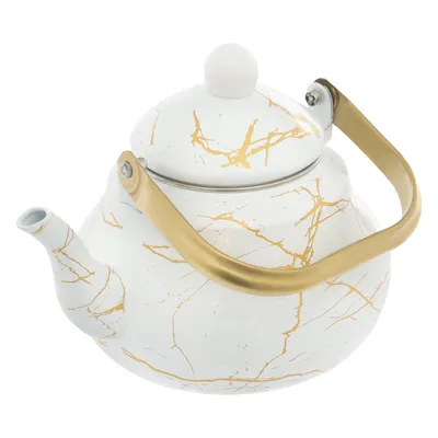A white and gold marbled teapot is shown against a white background.